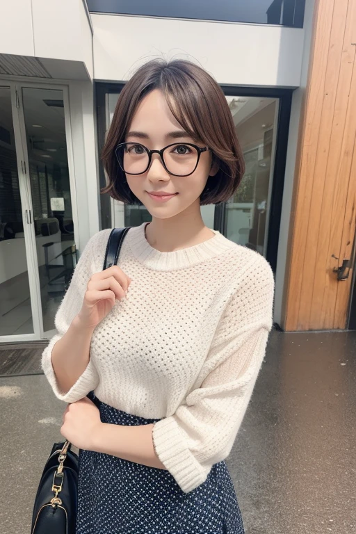 Highest quality、masterpiece、High sensitivity、High resolution、Detailed Description、Slender women、Glasses、Bobcut、Polka dot skirt、