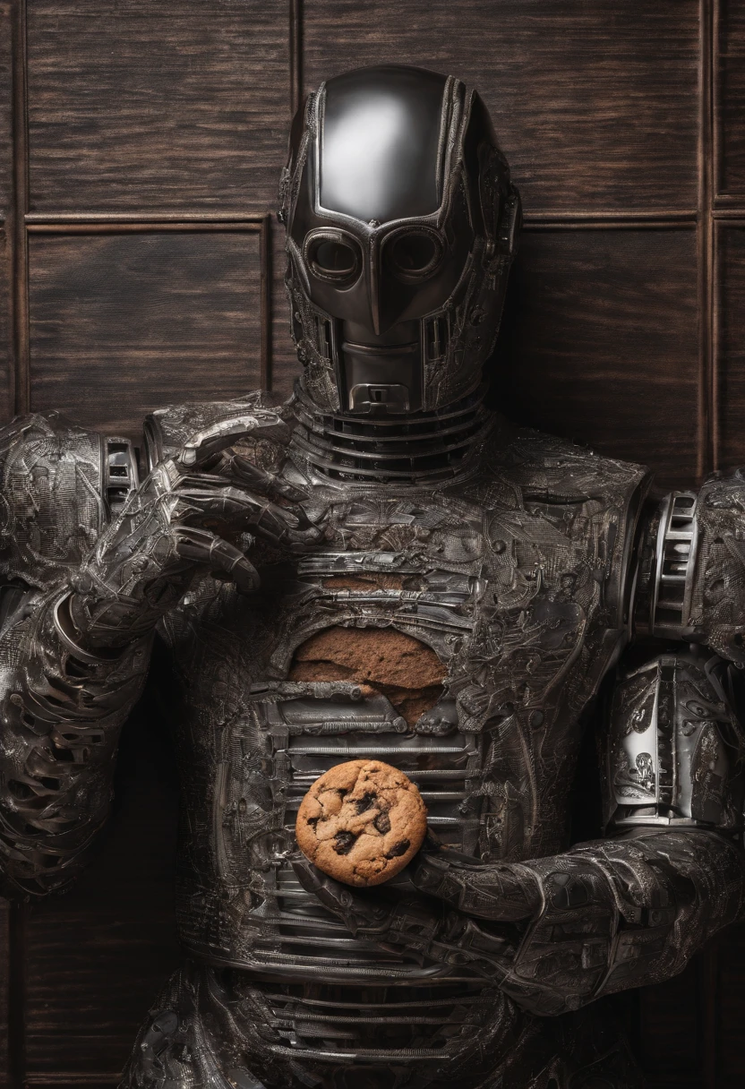 A robot holding a plump brown cookie in its hand; brown cookie in a robot's hand, an android holding a fat chocolate cookie in its hand; realisitic; 4K; ANDROID; professional photographer; best photographer in the world; android holding a brown cookie; Technological world; advanced technology; androide com cookies marrons na mão; cookies; cookies gordos marrons; cookies marrons; cookies gordos