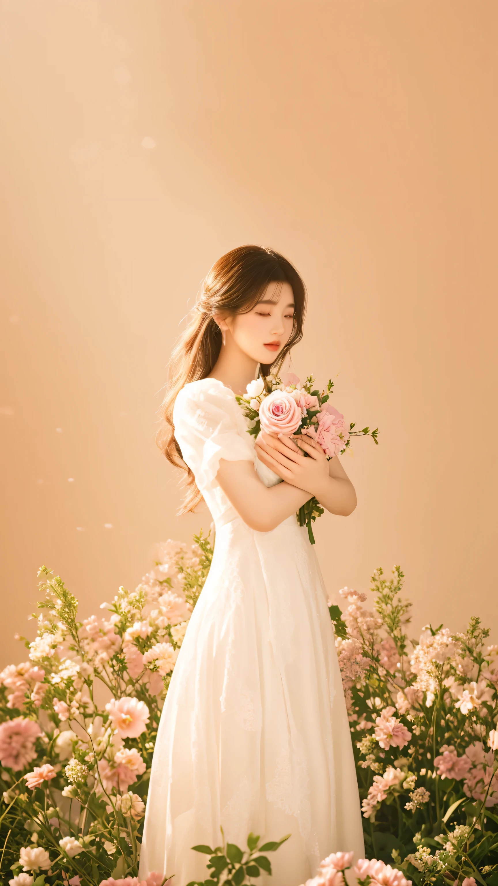 arafed woman in a white dress holding a bouquet of flowers, with flowers, holding flowers, bae suzy, dreamy and ethereal, soft ethereal lighting, ethereal and dreamy, korean artist, heonhwa choe, jinyoung shin, woman in flowers, lady with glowing flowers dress, photoshoot, with bloom ethereal effects, jaeyeon nam, bouquet, holding a flower