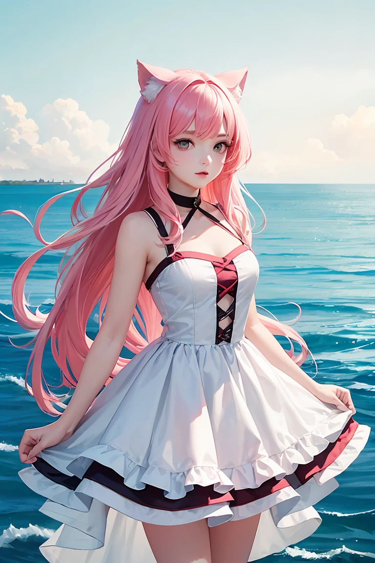 (score_9,score_8_up,score_7_up,score_6_up,score_5_up,score_4_up),(masterpiece, top quality, best quality, official art, beautiful and aesthetic:1.2), animation,, , 1girl with cat ear, perfect figure, pink hair, complex details, animation style, secondary style, seaside, circle, white dress, pink hair ,