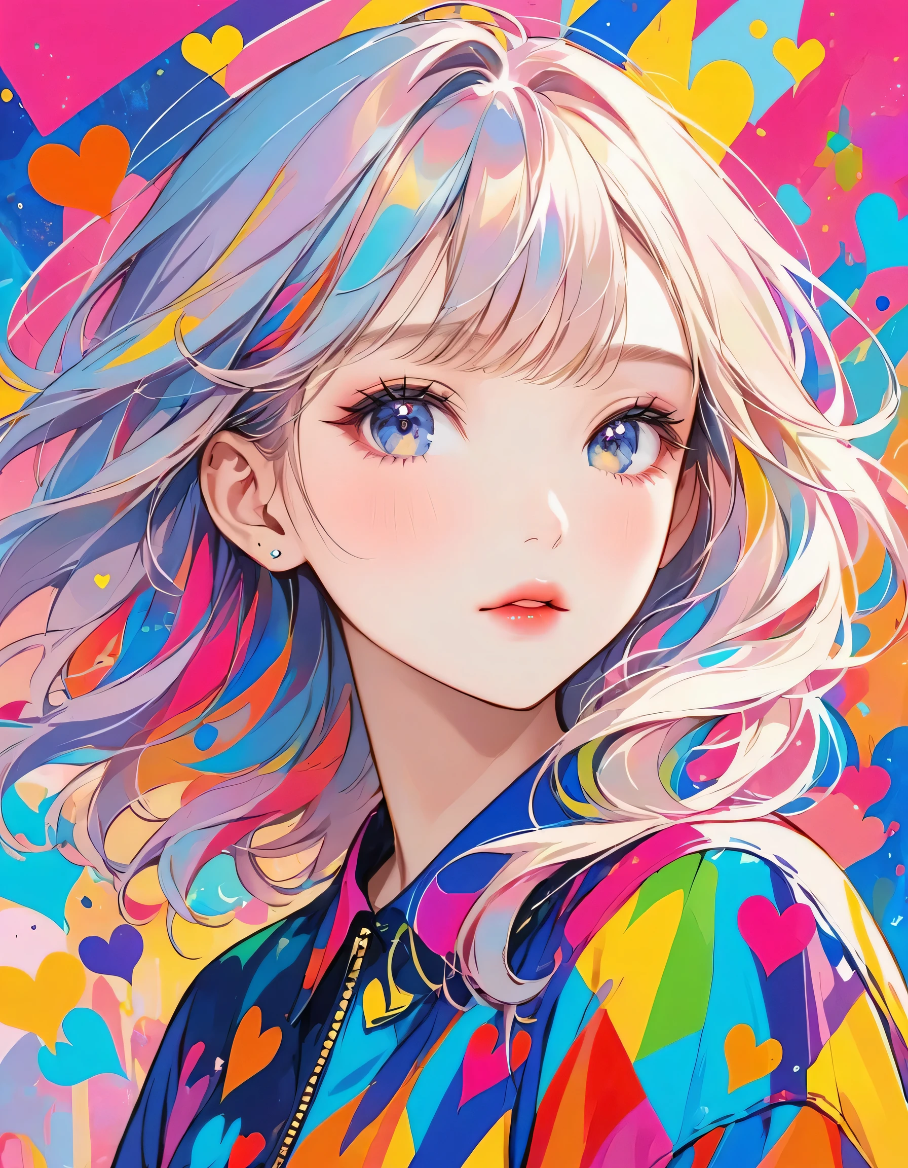 Mika Pikazo colorful style, Simple Line Initialism，Abstract art，Urban Background, (((The most beautiful girl of all time))), Sweet face. Lips in love, colorful hearts, stylish design