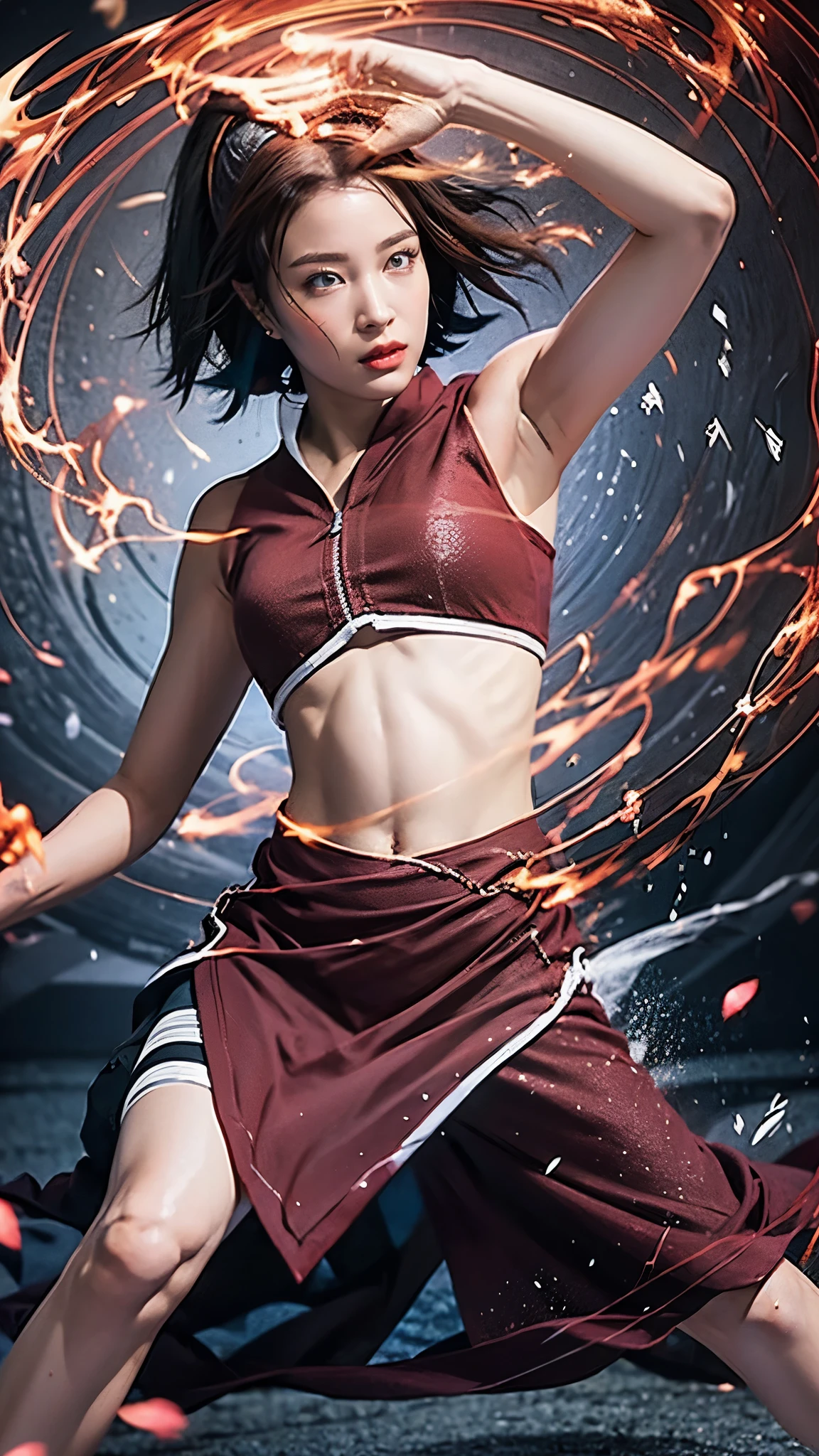 Moisturized skin, (red eyes), realistic body, (adult female body), energetic, (16 years old), (girl),
BREAK,
bright red lipstick, (beautiful navel),
BREAK,
((masterpiece + highest quality + high resolution + highly detailed)), (full body: 1.2), symmetrical, one shot,
BREAK,
(leaves fluttering), (wind blowing), (battle stance: 1.4),
BREAK,
(large Japanese sword), ninja clothes, inside the mansion, assassination, ninja with sword sneaks through the mansion, cut wound, kunai, pink hair,