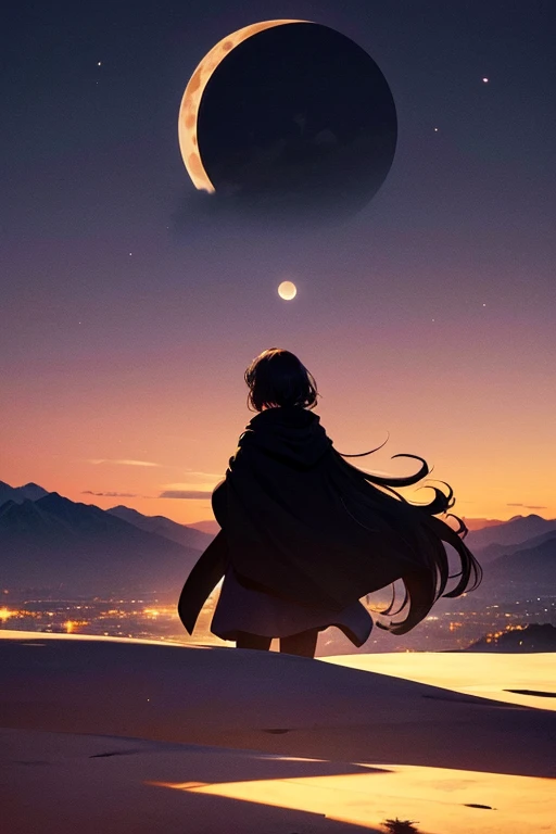 Highest quality,Big moon and shadow,A silhouette of a person can be seen against the backdrop of a large moon.,There is one full moon,There is a mood,Beautiful scenery,Starry Sky