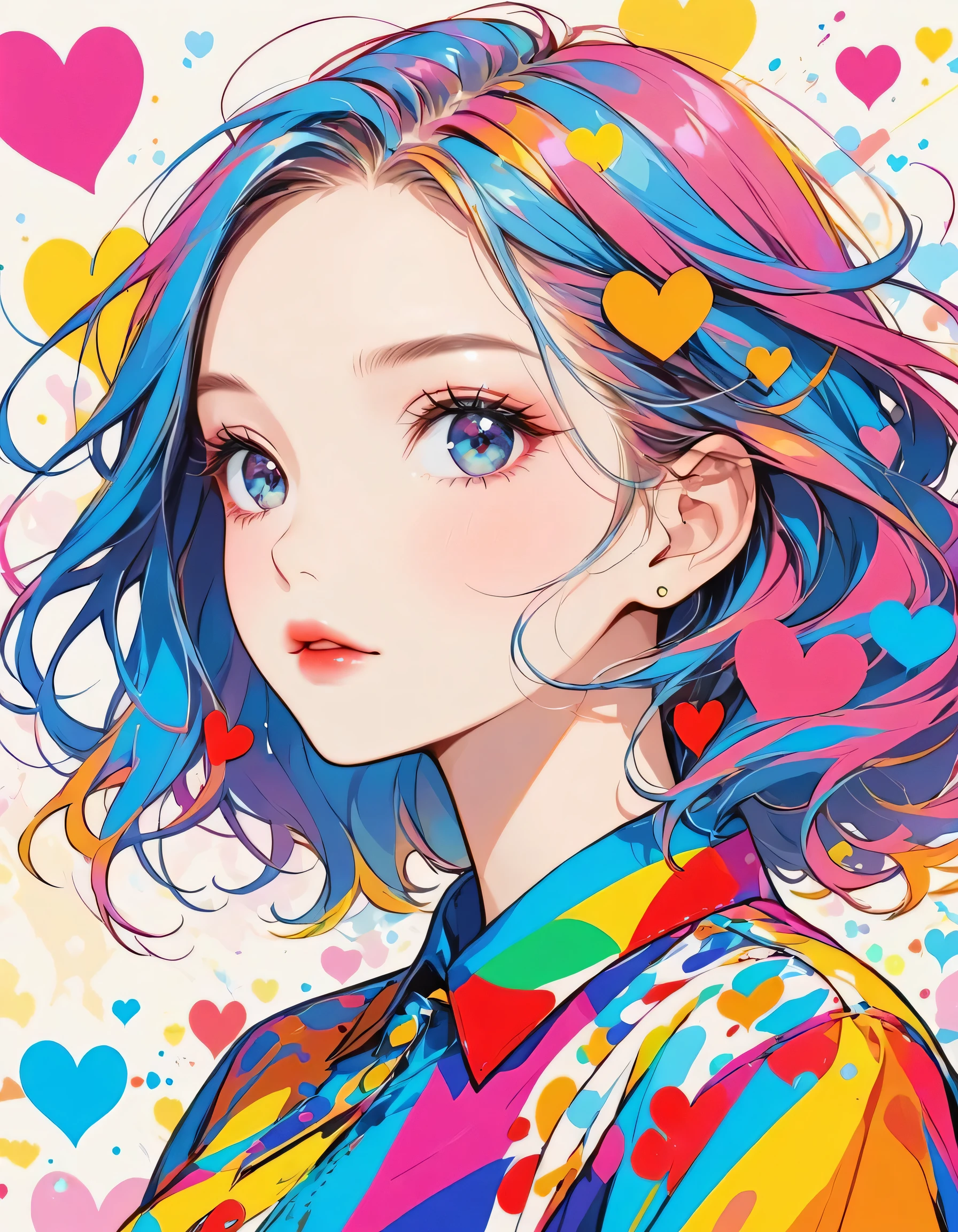 Mika Pikazo colorful style, Simple Line Initialism，Abstract art，Urban Background, (((The most beautiful girl of all time))), Sweet face. Lips in love, colorful hearts, stylish design