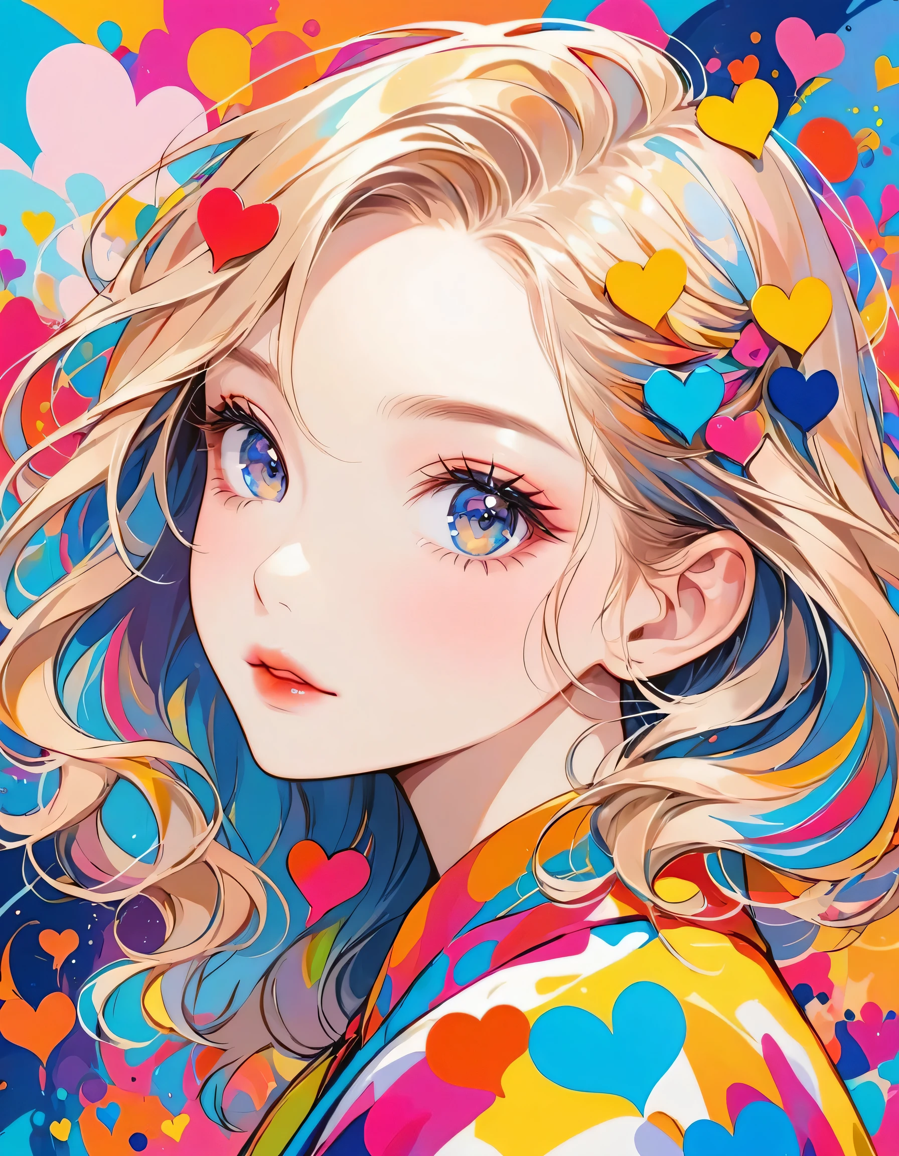 Mika Pikazo colorful style, Simple Line Initialism,Abstract art,Urban Background, (((The most beautiful girl of all time))), Sweet face. Lips in love, colorful hearts, stylish design