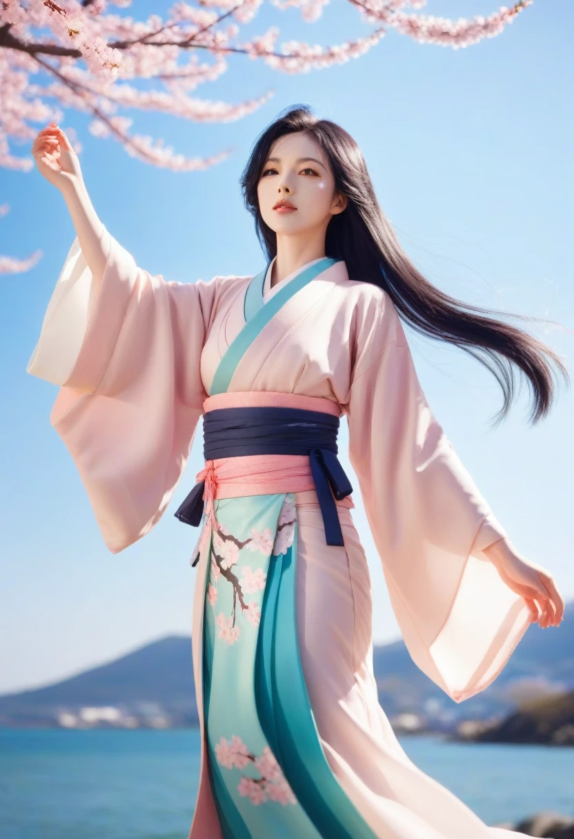 1 girl,black hair, flowing hair, Coast,sight,sight,Cherry Blossom, falling petals, sunlight,divine light,upper body, color,skirt,kimono