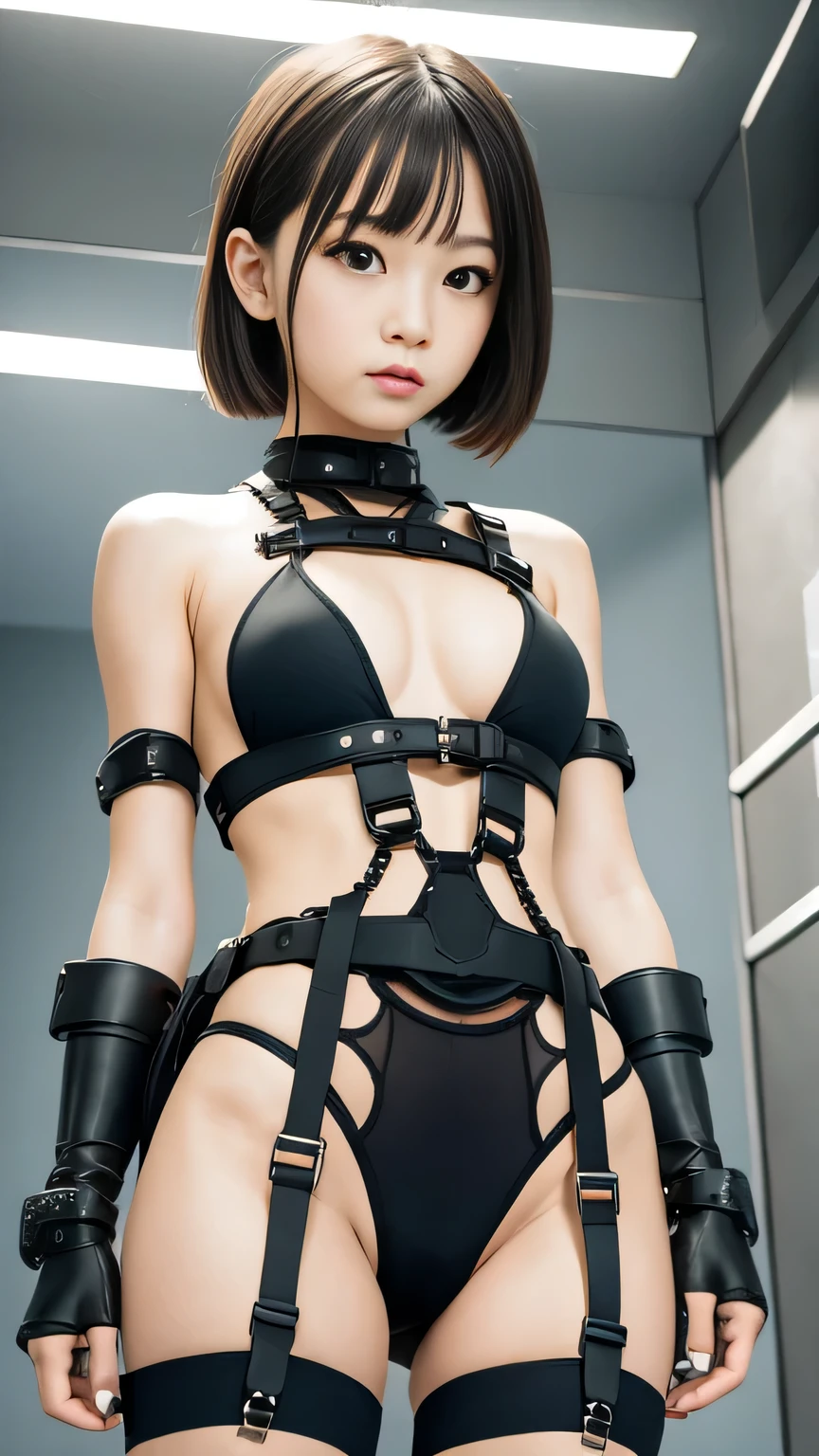 (one asian boyish girl)、(cute little:1.2)、-yeld gi high quality, ​realistic masterpiece, girl with legs tied and wrists bound, Beautiful small skinny girl with cute face wearing skirt showing legs, innocent and playful eyes, Wearing neon futuristic robotic tactical shear cyberpunk bikini, abs, Famous actresses of Japan, beautiful face, bdsm, tied up, cyberpunk, tattoo, skirt, dress, arms behind back, restrained, shibari, rope bondage
