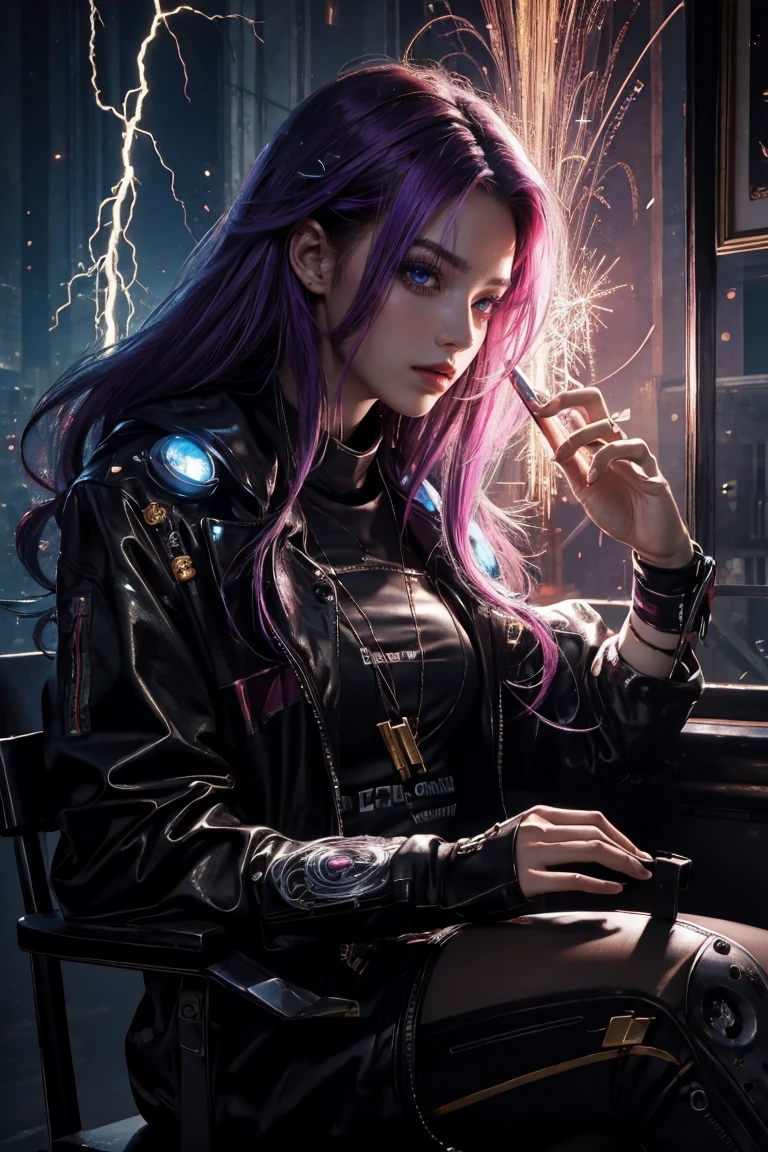 (masterpiece, Highest quality, Highest quality, Official Art, beautifully、beautiful:1.2), (One Man), extreme detailed,(Abstract),Colorful Hair,highest detailed, detailed_eye, Rose,Have the Holy Grail,cyber punk,Lightning, Light_particle, 