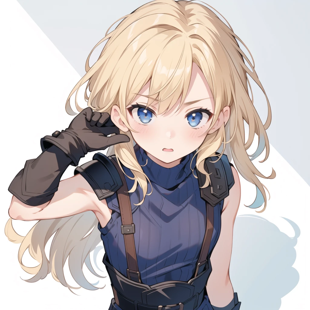 (masterpiece, Highest quality:1.2), Expressive eyes, Perfect Face, High resolution, 1 girl, alone, (small:1.5), , (woman:1.5), Struggle, Blonde, Shoulder Armor, Sleeveless turtleneck, suspenders, belt, gloves, Braces, blush, Surprised face, Are standing, Portraiture, View your viewers,