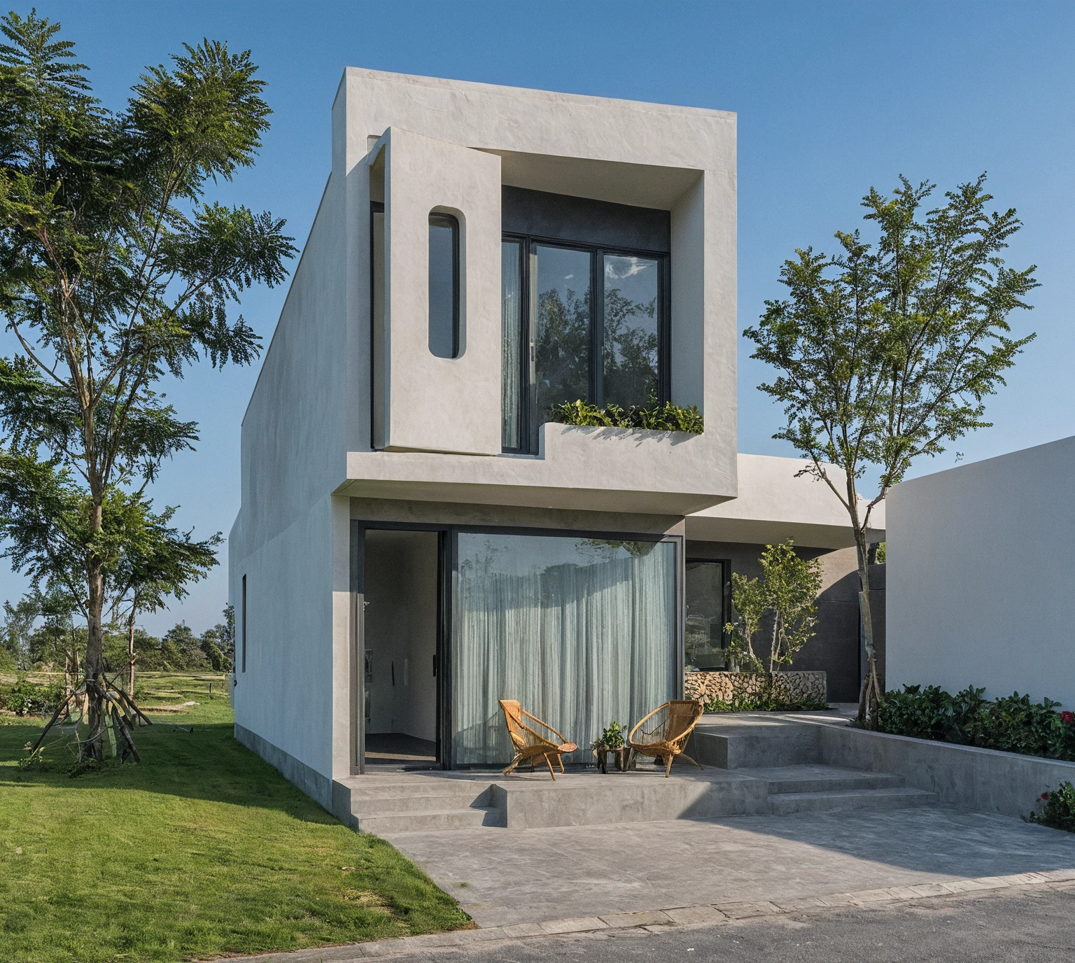 head of&#39;artwork, high quality, best quality, authentique, Great detail, En plein air, villa de plain-piedXL, credit group, style de maison moderne dans la rue ,stairs, white wall ,road,pavement, grass, trees, sky, nuvens, (day light:1.1)

