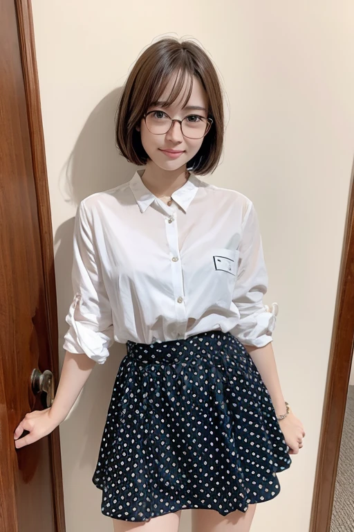 Highest quality、masterpiece、High sensitivity、High resolution、Detailed Description、Slender women、Glasses、Bobcut、Polka dot skirt、squat、