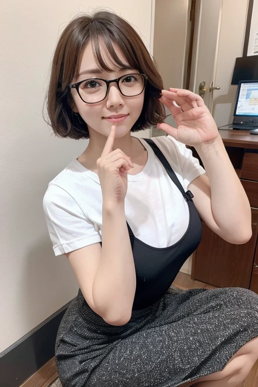 Highest quality、masterpiece、High sensitivity、High resolution、Detailed Description、Slender women、Glasses、Bobcut、Polka dot skirt、squat、