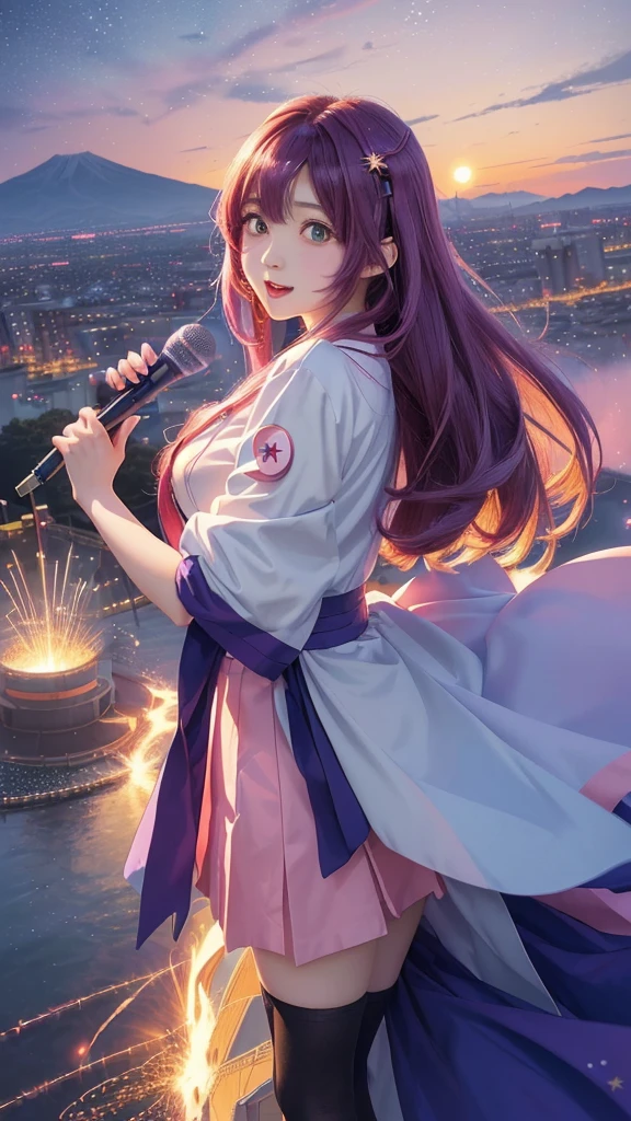 anime girl with long hair holding a microphone and singing, Cute girl anime visuals, maAlso kitagawa fanart, Also, anime Moe artstyle, Official Artwork, Official Art, yuruyuri, Anime Best Girl, Official Anime Artwork, Heroine Japan Vivid scenery, Moe, Anime key visual, Young woman anime visual, macross delta splash art,My Favorite ,Eyes are stars