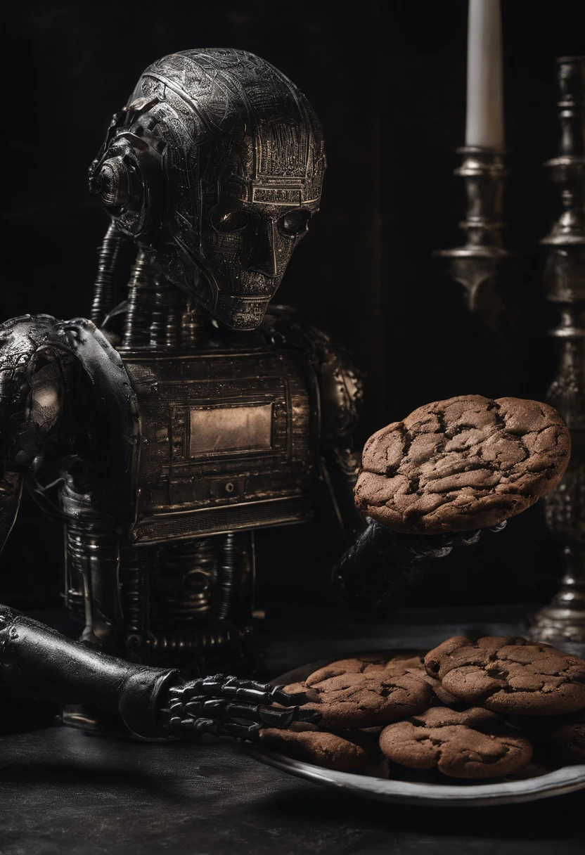 A robot holding a plump brown cookie in its hand; brown cookie in a robot's hand, an android holding a fat chocolate cookie in its hand; realisitic; 4K; ANDROID; professional photographer; best photographer in the world; android holding a brown cookie; Technological world; advanced technology; androide com cookies marrons na mão; cookies; cookies gordos marrons; cookies marrons; cookies gordos
