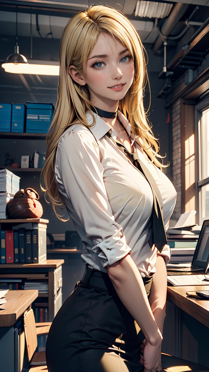 Browsing Caution, masterpiece, (Highest quality:1.2), (Sharp focus:1.2),, 1 girl, Slim girl,, (blonde|Light_Yellow Hair), Detailed face, young|Cute Face, blush, Wicked Smile,, Natural Breasts, Thin arms,, White collared shirt and black tie, Black choker,, In a modern office, indoor、Hair pulled up and tied back((hair pulled back))