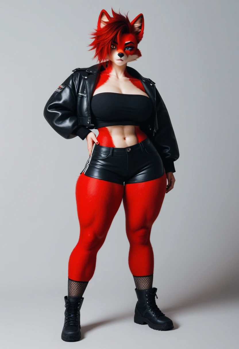 hairy female, anthropomorphic fox girl, spiky red hair, red fur, thick thighs, big breasts, yellow eyes, shadow, black tube top, Open Cropped Jacket, black shorts, Grid leg wear, scar over one eye, full body shot, high, sharp eyes