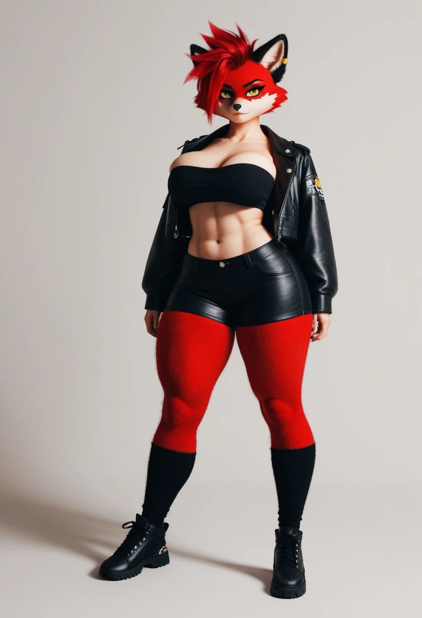 hairy female, anthropomorphic fox girl, spiky red hair, red fur, thick thighs, big breasts, yellow eyes, shadow, black tube top, Open Cropped Jacket, black shorts, Grid leg wear, scar over one eye, full body shot, high, sharp eyes