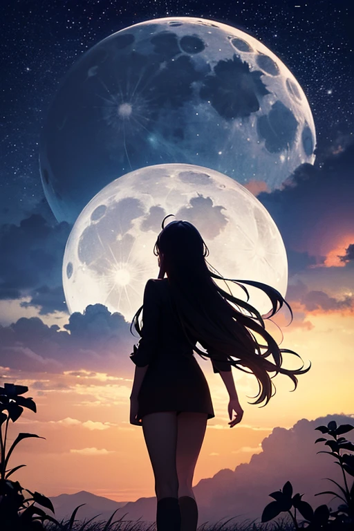 Highest quality,Big moon and shadow,A silhouette of a person can be seen against the backdrop of a large moon.,There is one full moon,There is a mood,Beautiful scenery,Starry Sky