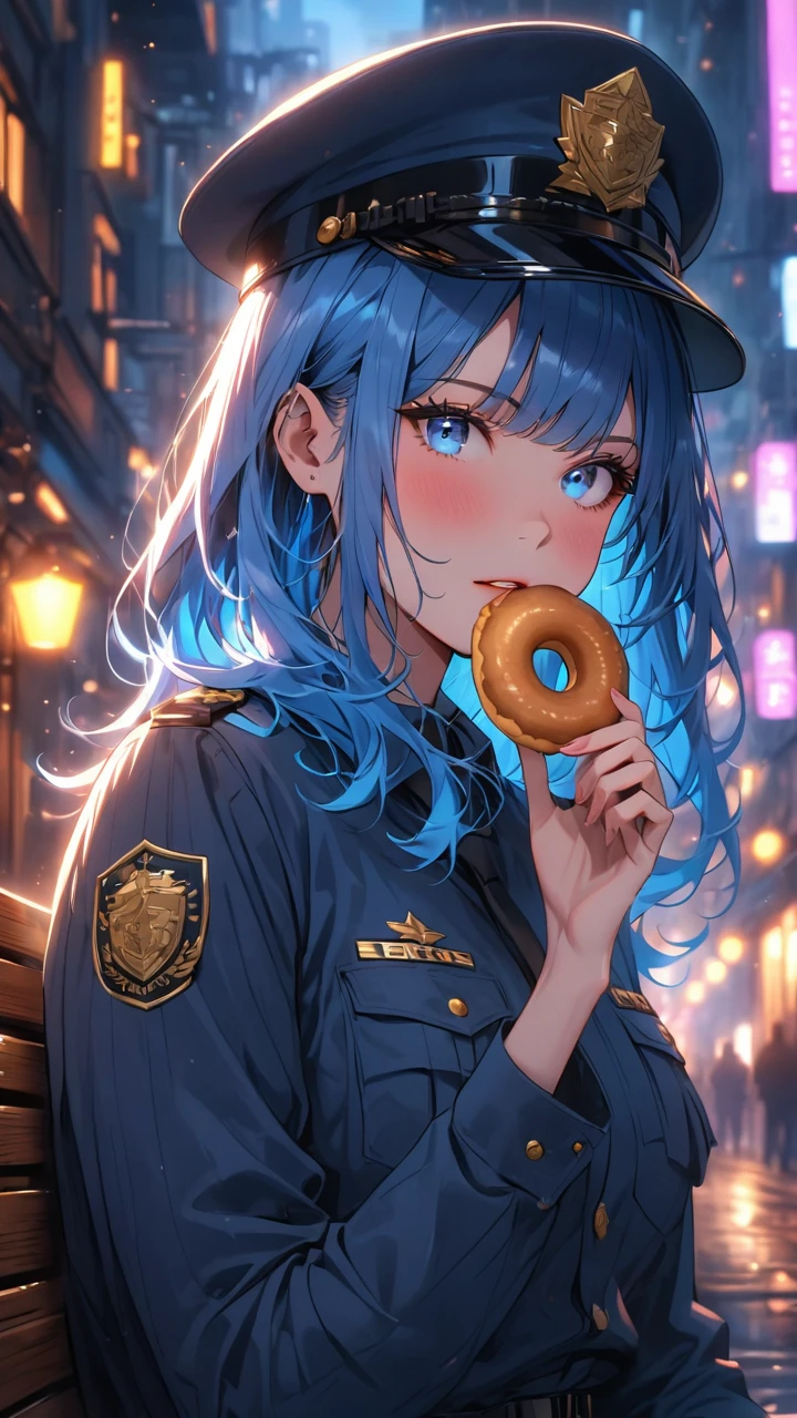 highest quality, masterpiece, best quality, 1 girl, solo,
BREAK
dramatic lighting, glowing, glowneon, moonlight,
BREAK
street, town, 
BREAK
holding donut, sitting on bench, upper body 
BREAK
blue eyes, medium hair, blue hair:1.5, straight hair, police uniforms, police hat