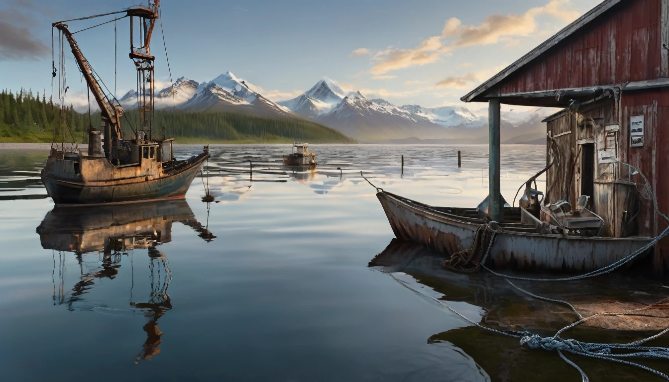 photorealistic scene of an old wooden Alaskan port in the early morning.. In the foreground, a fished shark hooked up side down hold by a fisher man huge hook.Beside it a torn and empty fishing net hangs from a rusty crane. Reflections in the calm water subtly suggest shapes of marine creatures. A weathered sign reads: 'Marine Protected Area - Preserving Our Natural Heritage'. The scene balances between the rugged beauty of Alaska's wilderness .