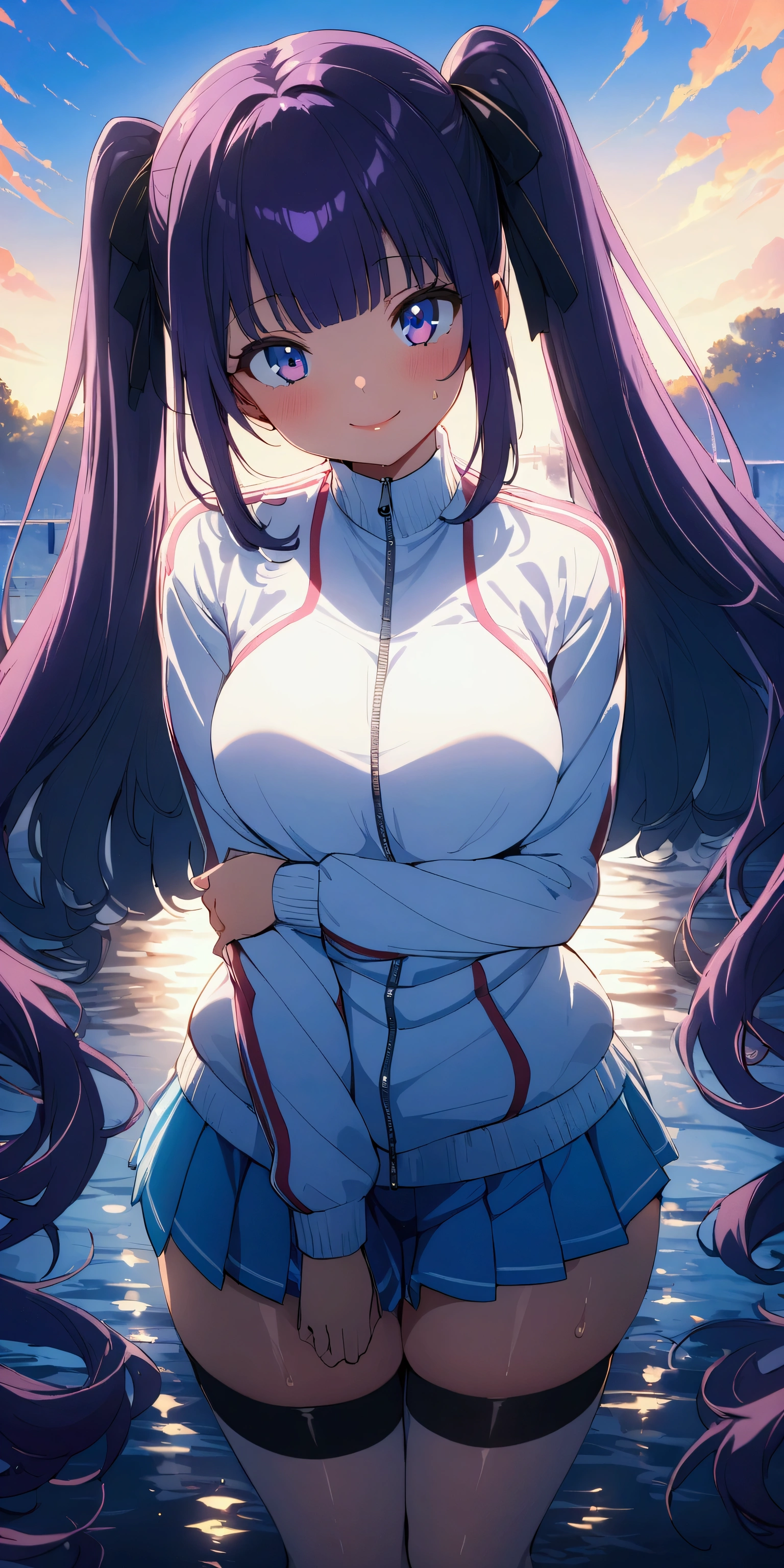(Highest quality:1.2, 4K, 8k, Studio Anime, Very detailed, up to date, Vibrant, Attention to detail, High Contrast, masterpiece:1.2, Highest quality, Best aesthetics), (((1 girl))), Purple Hair,(Twin tailedium Hair&Straight hair))、Large, round eyes, smile, (beautiful girl: 1.3), Looks about 、(Pleated skirt), (Track jacket 1.2), (((zettai ryouiki)))Rear view、night、(((arms behind back)、Riverside、Wet、Focus on the very big things, Round and beautifully shaped butt,smile、Dynamic Angle, look up:1.3, Friendly atmosphere, Beautiful Hair, Shiny Hair, Beautiful Skin, Detailed face and eyes, Glossy Lips, Curvy Women, Striking contrast,