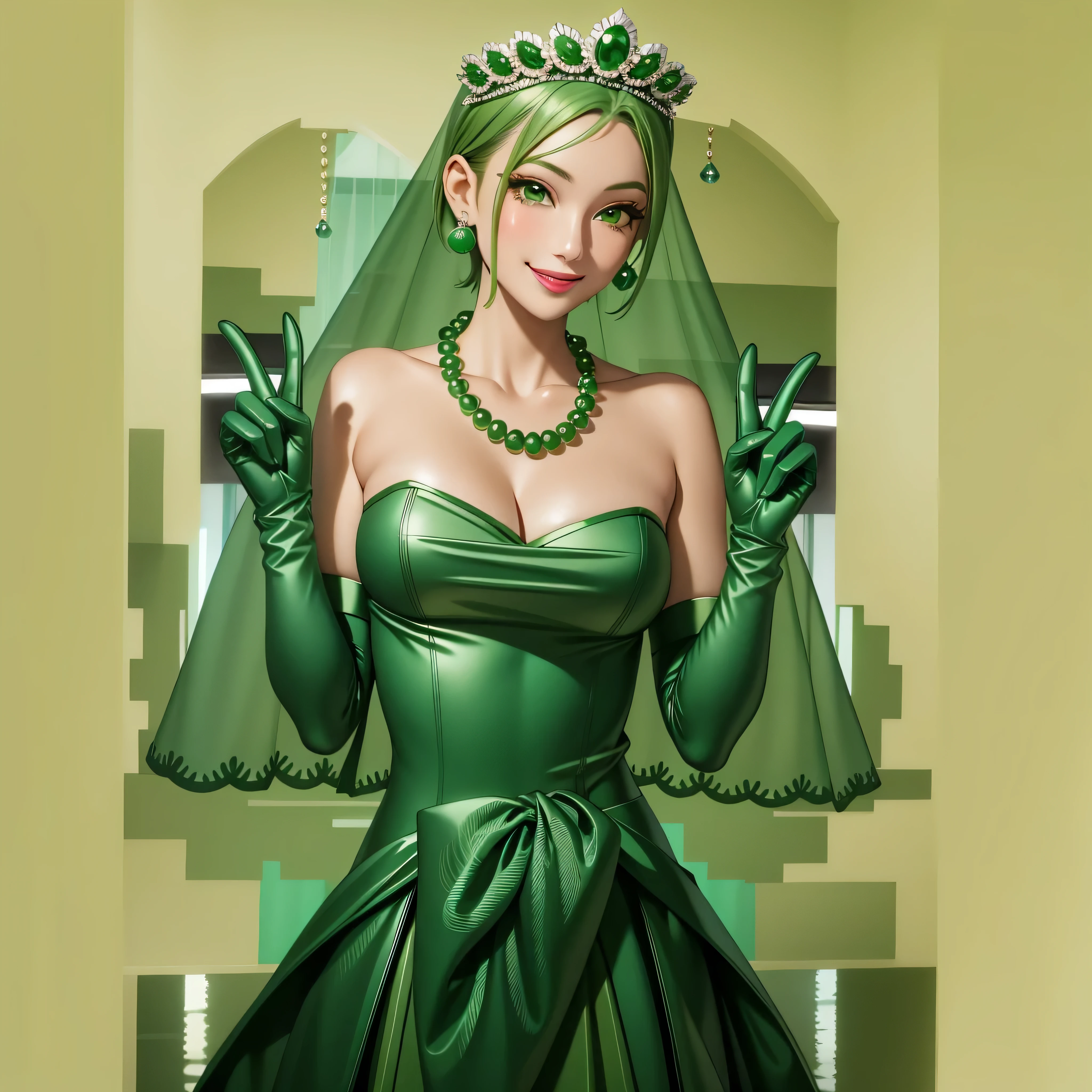 Emerald tiara, Green Pearl Necklace, Boyish very short green hair, Green Lips, Smiling Japanese woman, Very short hair, Busty beautiful lady, Green Eyes, Green satin long gloves, Green Eyes, Emerald Earrings, Green veil, all, Green Hair, Beautiful Japanese Women, green lip gloss