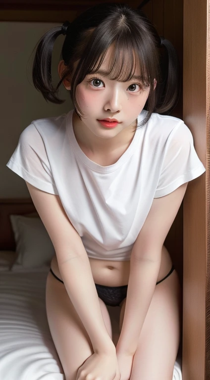 High resolution, Highest quality, super high quality, Very detailed, 8k、(underwear:1.2)、、Embarrassing、Sweaty、Sweat、Embarrassing、(masterpiece:1.2, Highest quality), (Realistic, photoRealistic:1.4), Beautiful illustrations, (Natural Side Lighting, Cinema Lighting), View your audience, whole body, 1 girl, Japanese, high school girl, Perfect Face, Cute and symmetrical face, Glowing Skin, Baby Face, (short hair, Low Twintails,Black Hair), Hair between the eyes, black eye, Big eyes, Droopy eyes, (Center of chest, Captivating thighs, Big Ass)、