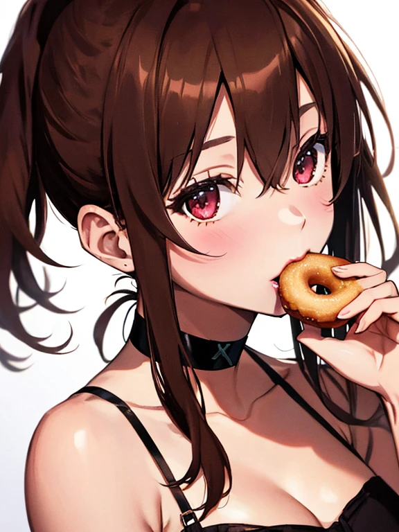 Eating Donuts, Misaka Mikoto, 1girl, black choker, uhd, retina, masterpiece, ccurate, anatomically correct, textured skin, super detail, high details, high quality, best quality, highres, 4K