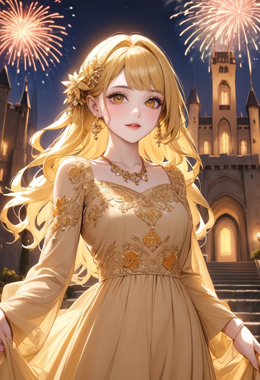 1 female Yellow short wavy hair Yellow eyebrows Orange eyes Socialite debut Beige long dress with gold embroidery Inside the castle firework hair ornaments Gorgeous necklace with matching earrings Golden West