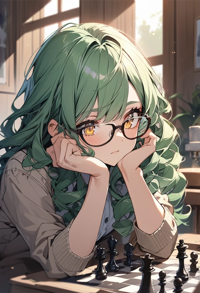 girl, yellow eyes, green hair, beautiful, high detail, beautiful background, playing chess, main face, front face, school girl, 30 year old, curly hair, glasses, wondering