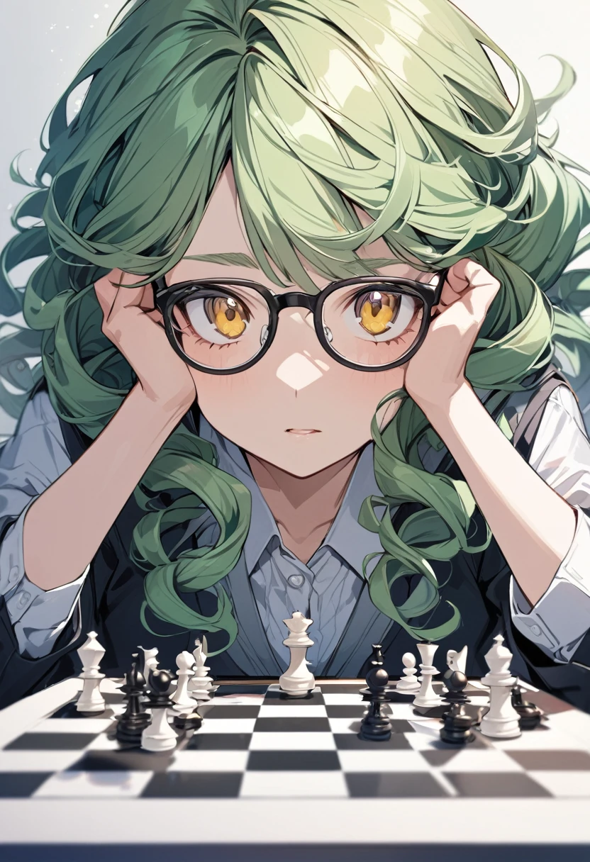 girl, yellow eyes, green hair, beautiful, high detail, beautiful background, playing chess, main face, front face, school girl, 30 year old, curly hair, glasses, wondering