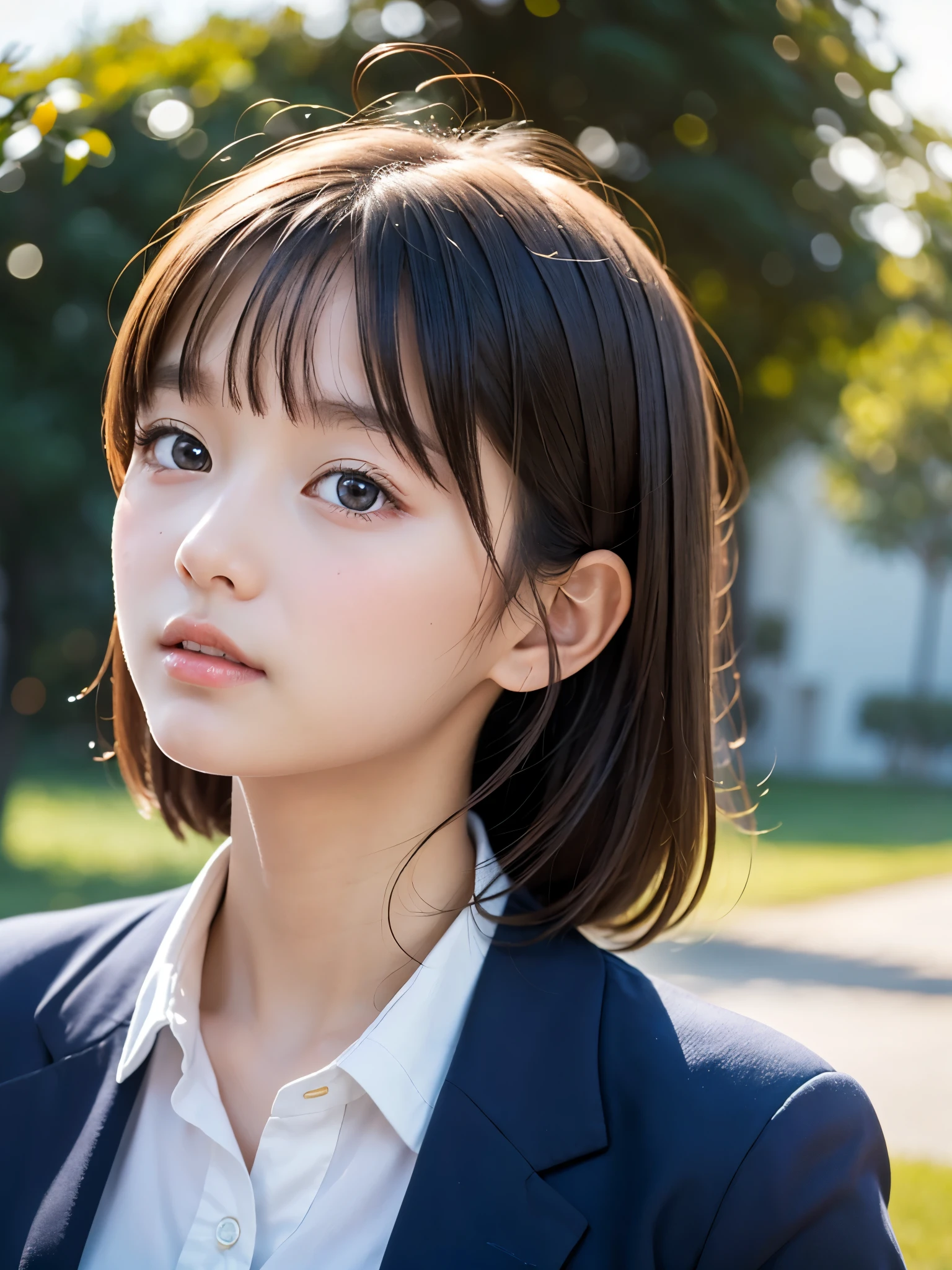 One Girl,(1人のとてもcute女の子:1.3),masterpiece,Highest quality,High resolution,From below,Low - Angle,Photorealistic,RAW Photos,Ray Tracing,Physically Based Rendering,beautiful girl,(:1.3),cute,Big eyes,(detailed pupils:1.2),(The face is facing straight ahead:1.3),Body facing forward,Beautiful nose,Upturned nose,Fuller lips,Short black hair,ponytail,short hair,Detailed eyelashes,Thin eyebrows,Very fine grain definition,(Symmetrical eyes,Golden Ratio:1.3),(Face close-up,Face Focus:1.0),Small breasts,Short neck,Navy Blue Blazer,Red checked pleated skirt,School uniforms,coastal,Blue sky,White cloud,School uniforms,Portrait,View Viewer,Upper Body,Cinema Lighting,High resolution,Very detailed