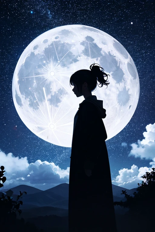 Highest quality,Big moon and shadow,A silhouette of a person can be seen against the backdrop of a large moon.,There is one full moon,There is a mood,Beautiful scenery,Starry Sky