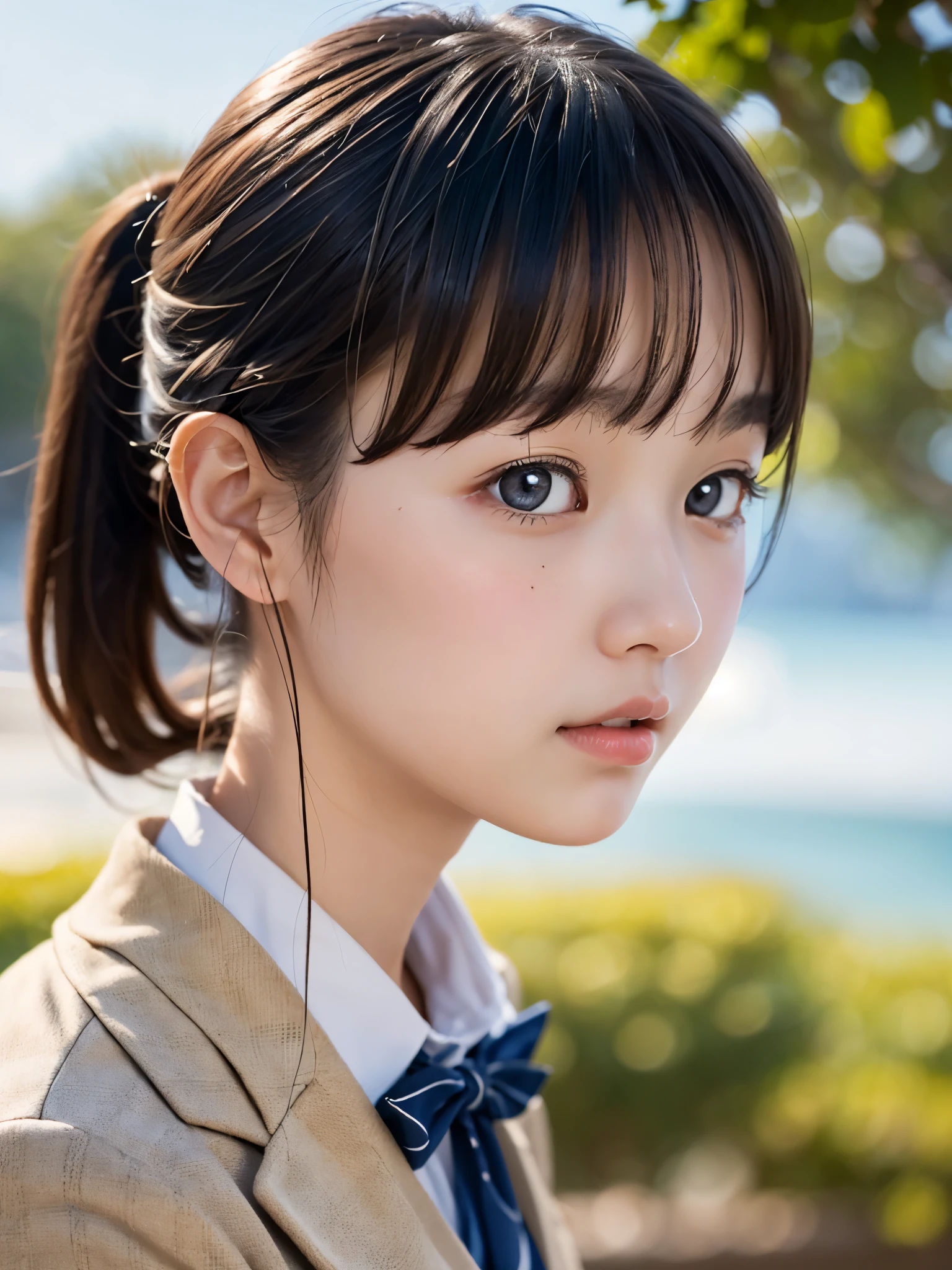 One Girl,(1人のとてもcute女の子:1.3),masterpiece,Highest quality,High resolution,From below,Low - Angle,Photorealistic,RAW Photos,Ray Tracing,Physically Based Rendering,beautiful girl,(:1.3),cute,Big eyes,(detailed pupils:1.2),(The face is facing straight ahead:1.3),Body facing forward,Beautiful nose,Upturned nose,Fuller lips,Short black hair,ponytail,short hair,Detailed eyelashes,Thin eyebrows,Very fine grain definition,(Symmetrical eyes,Golden Ratio:1.3),(Face close-up,Face Focus:1.0),Small breasts,Short neck,Navy Blue Blazer,Red checked pleated skirt,School uniforms,coastal,Blue sky,White cloud,School uniforms,Portrait,View Viewer,Upper Body,Cinema Lighting,High resolution,Very detailed