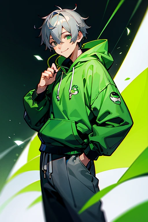 male、Cool、smile、Midori no Eye、hoodie、Long trousers、Grey Hair、Frog-like motif、Character portrait, headphone、anime,Background blur, High resolution, Highest quality, Ultra high definition,