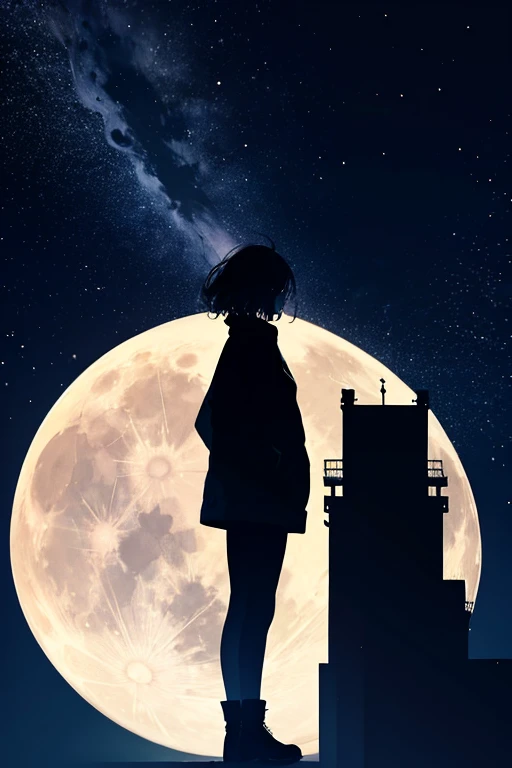 Highest quality,Big moon and shadow,A silhouette of a person can be seen against the backdrop of a large moon.,There is one full moon,There is a mood,Beautiful scenery,Starry Sky