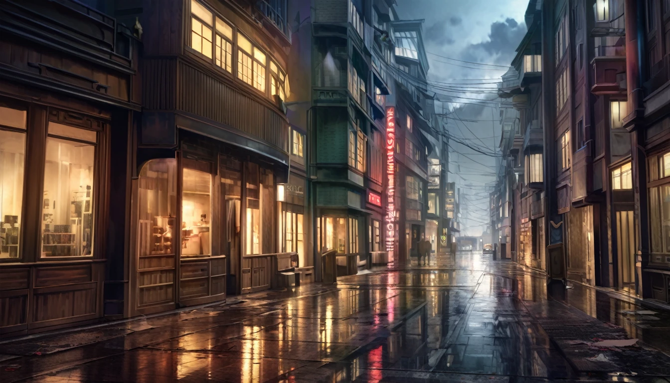 a high-end, fashionable shopping district at night, empty of people, anime style, (best quality,4k,8k,highres,masterpiece:1.2),ultra-detailed,(realistic,photorealistic,photo-realistic:1.37),HDR,UHD,studio lighting,ultra-fine painting,sharp focus,physically-based rendering,extreme detail description,professional,vivid colors,bokeh,dramatic lighting,reflections,atmospheric,moody,cinematic,architectural details,empty streets,abandoned buildings