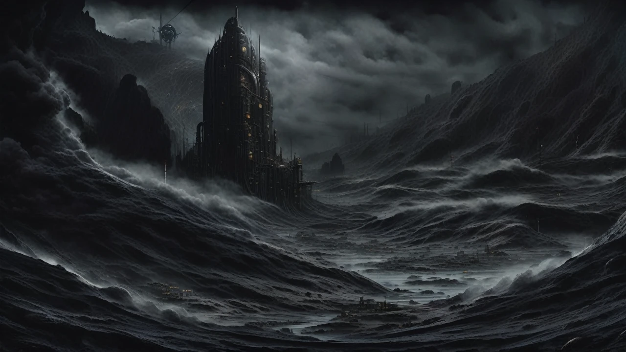 a dark fantasy landscape, highly detailed futuristic alien city, dystopian atmosphere, mechanical and retro architecture, surreal cityscape inspired by Metropolis and Gaudi, moonlit night sky, overcast and grey sky, huge analog synthesizer, anime-style mechanized girl in the background, smoke