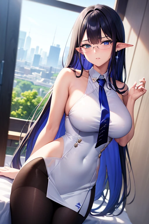 ((masterpiece)),((Highest quality)),High resolution,Highly detailed CG,Perfect lighting,8k wallpaper, One Girl,Alone, rin, Halation, sleeveless, necktie, white dress, pantyhose, mature female, earrings, glasses,Bare arms,Cowboy Shot,looking at the camera,Very large breasts,Very large breasts,Very thick legs,Long Hair,