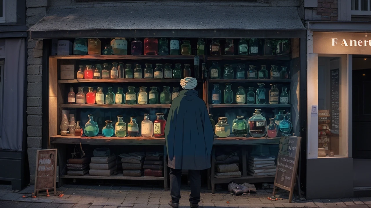 Une boutique de nuit avec un homme de dos les lumières de la ruelle eclairent a travers la fenetre. 