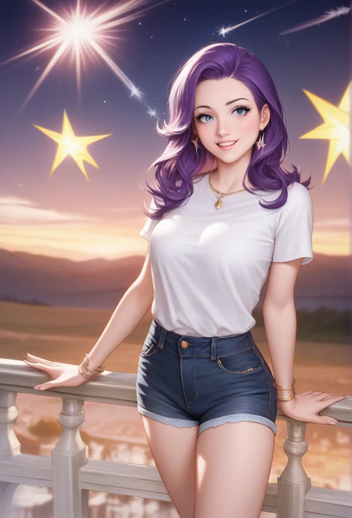 score_7_up,score_8_up,score_9,source anime,surper detail,1girl,white shirt,black denim pants,In a nighttime meadow, shooting stars continuously streak across the sky, creating a light show. The entire meadow is bathed in starlight, spreading breathtaking beauty. A moment of being captivated by the miracles of nature.photoreal,