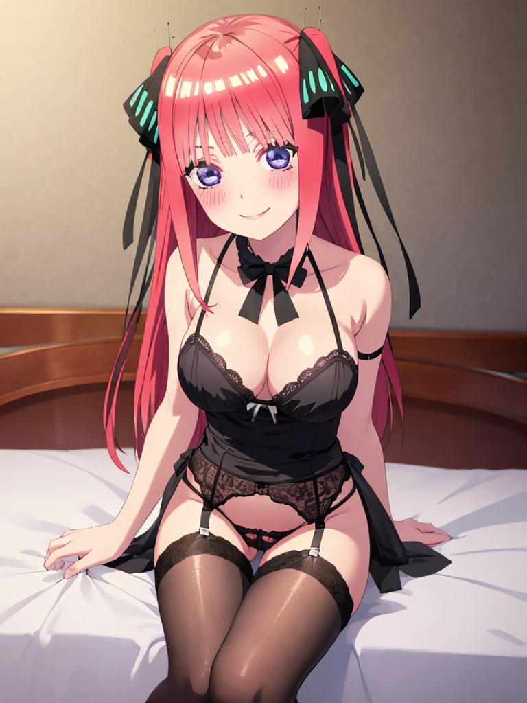 best quality, insanely detailed, nino nakano, breasts, blush, bedroom background, bare-shoulder, looking at viewer, garter strap, a black ribbon, stockings, pussy, smile, lingerie garterbelt, cheerful eye, spread leg