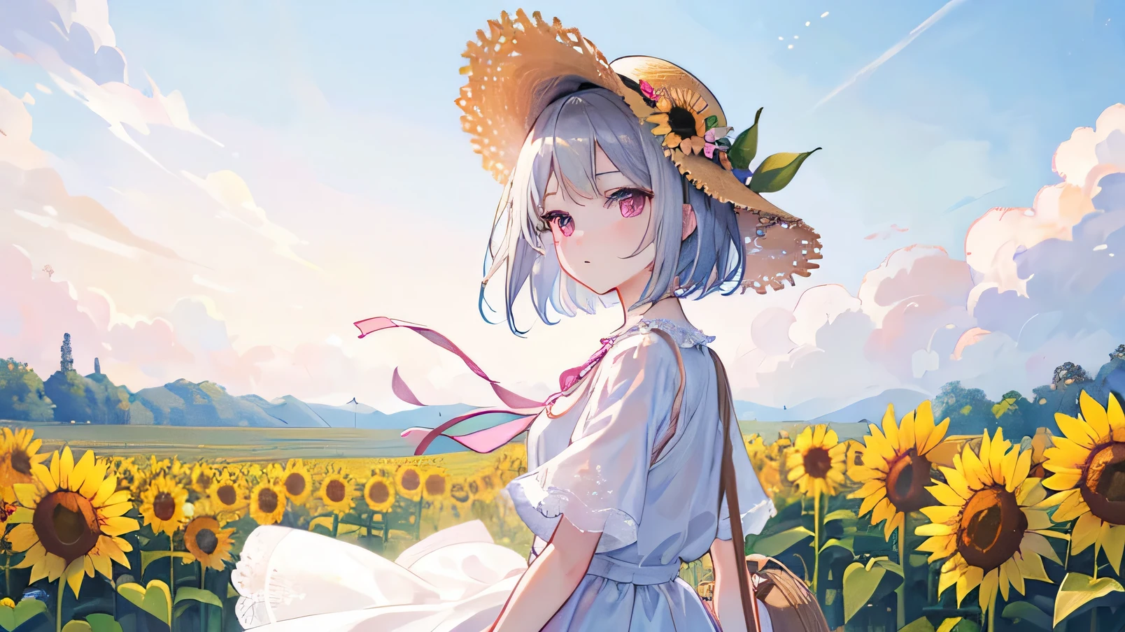 ((Highest quality)), ((masterpiece)), (detailed)、A girl with silver short hair and pink eyes is looking up at the sky in profile、Transparent、Summer sky、Panorama、Being in the sunflower field、White shirt dress、Wearing a straw hat
