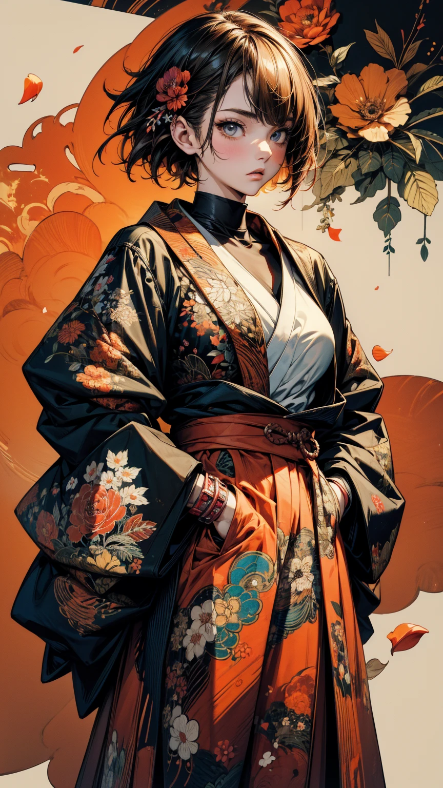 (masterpiece, High resolution, Highest quality), 20-year-old woman, Upper body focus, Hands in pockets:1.3, Japanese-style punk fashion:1.2, Petal Collage, abstract design, And handle background, warm color, artistic juxtapositions, mixed-media approach, Anime Style, Simple lines, Digital Painting,