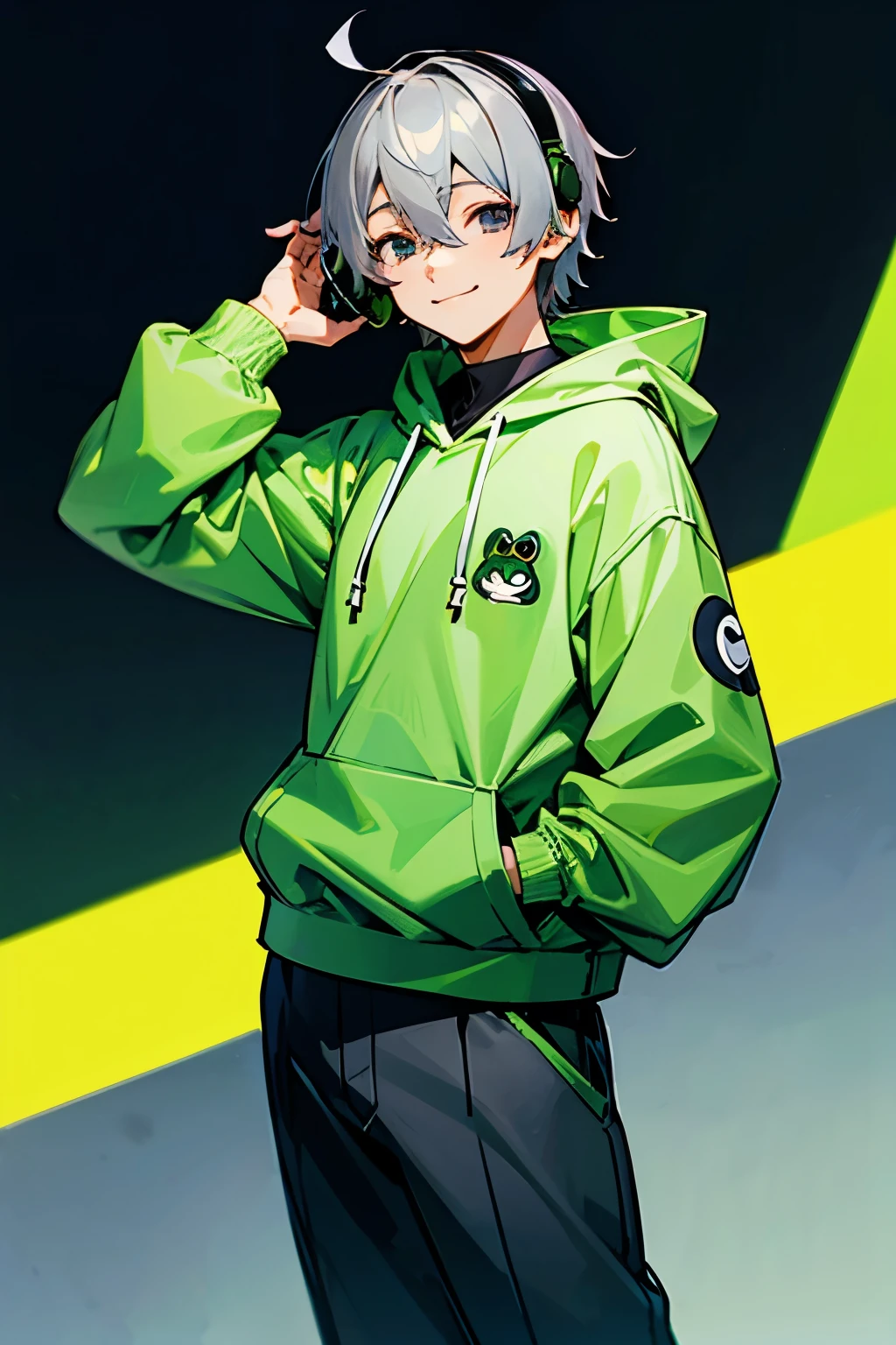 male、Cool、smile、Midori no Eye、hoodie、Long trousers、Grey Hair、Frog-like motif、Character portrait, headphone、anime,Background blur, High resolution, Highest quality, Ultra high definition, 