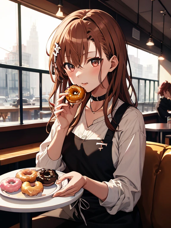 Eating Donuts, The background is a cafe, Misaka Mikoto, 1girl, black choker, uhd, retina, masterpiece, ccurate, anatomically correct, textured skin, super detail, high details, high quality, best quality, highres, 4K