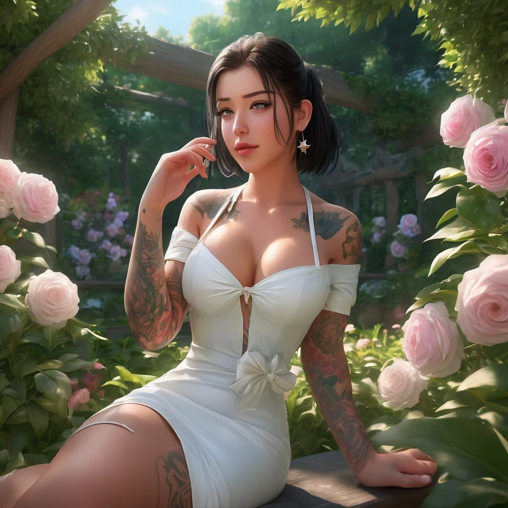 (Extreme Detail CG Unity 8K wallpaper, masterpiece, highest quality), (exquisite lighting and shadow, highly dramatic picture, cinematic lens effect), (Sailor Moon: 1.4), delicate facial features, charming smile, star eyes, ((dark green hair)), tight top, white gloves, mini skirt, dynamic pose, lying in the garden), (background in a garden full of flowers) (excellent detail, outstanding lighting, wide angle), (excellent rendering, enough to be proud of its kind),
