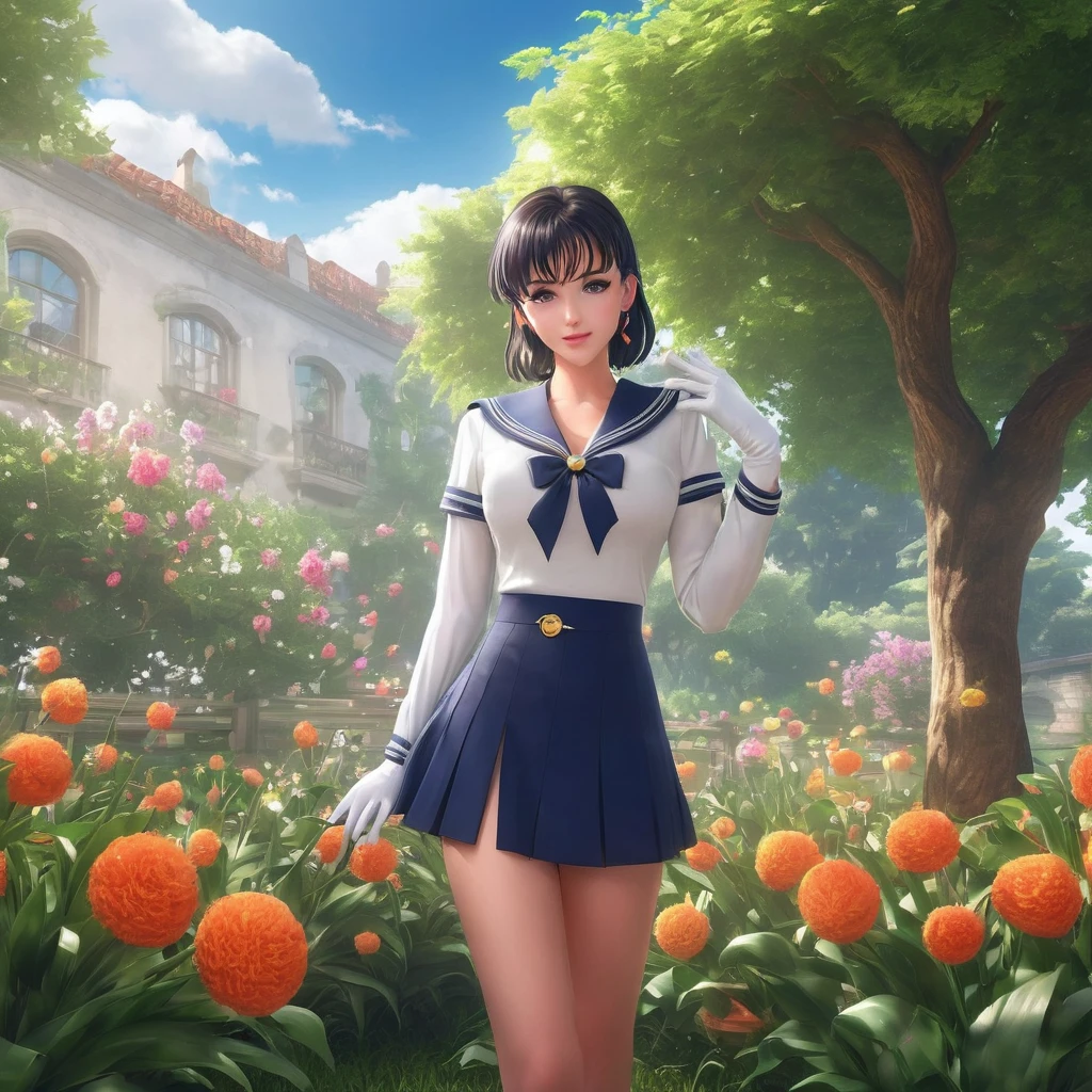 (Extreme Detail CG Unity 8K wallpaper, masterpiece, highest quality), (exquisite lighting and shadow, highly dramatic picture, cinematic lens effect), (Sailor Moon: 1.4), delicate facial features, charming smile, star eyes, ((dark green hair)), tight top, white gloves, mini skirt, dynamic pose, lying in the garden), (background in a garden full of flowers) (excellent detail, outstanding lighting, wide angle), (excellent rendering, enough to be proud of its kind),
