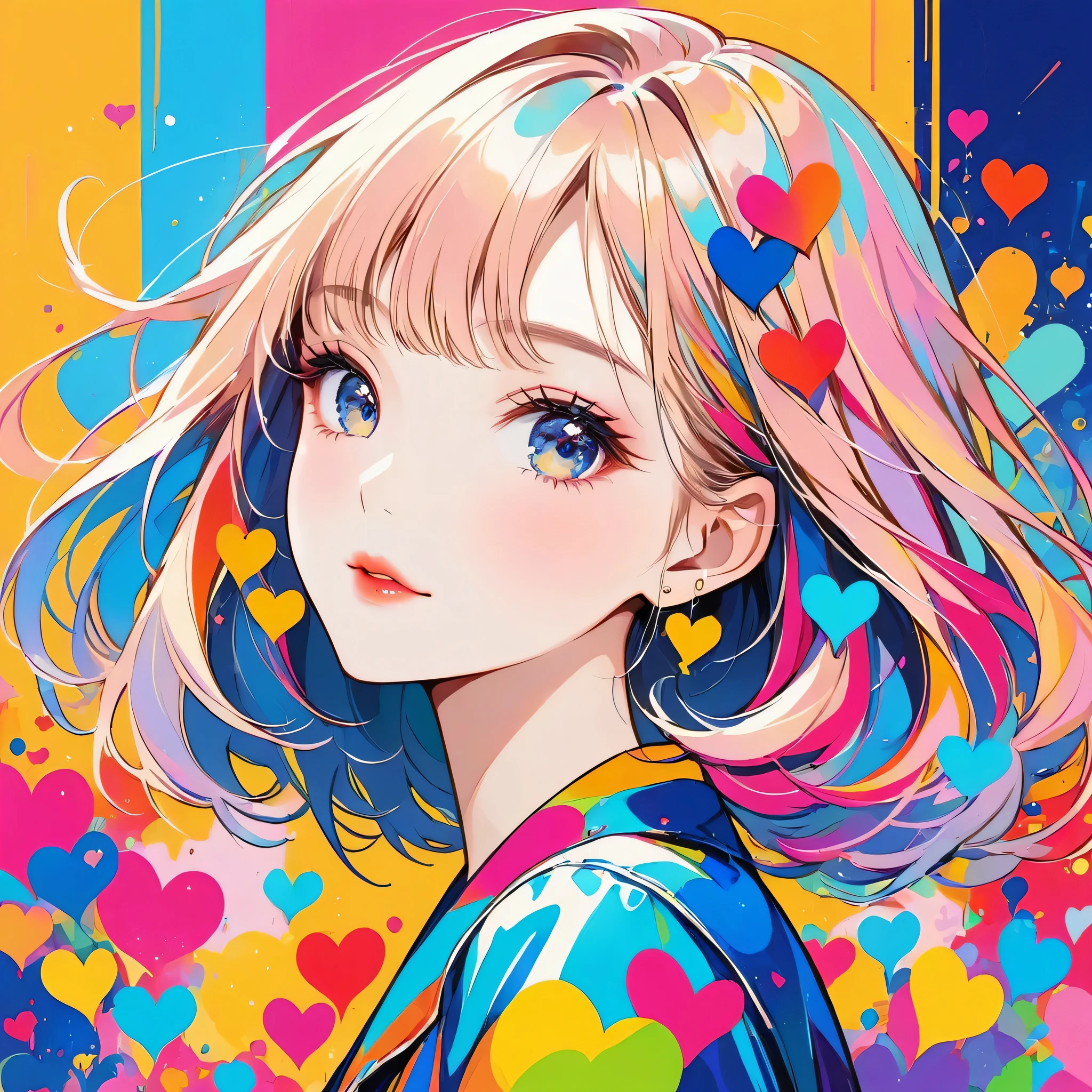 Mika Pikazo colorful style, Simple Line Initialism，Abstract art，Urban Background, (((The most beautiful girl of all time))), Sweet face. Lips in love, colorful hearts, stylish design