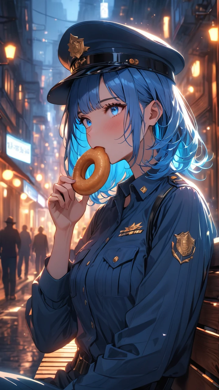 highest quality, masterpiece, best quality, 1 girl, solo,
BREAK
dramatic lighting, glowing, glowneon, moonlight,
BREAK
street, town,
BREAK
holding donut, eating, sitting on bench, upper body
BREAK
blue eyes, medium hair, blue hair:1.5, straight hair, police uniforms, police hat